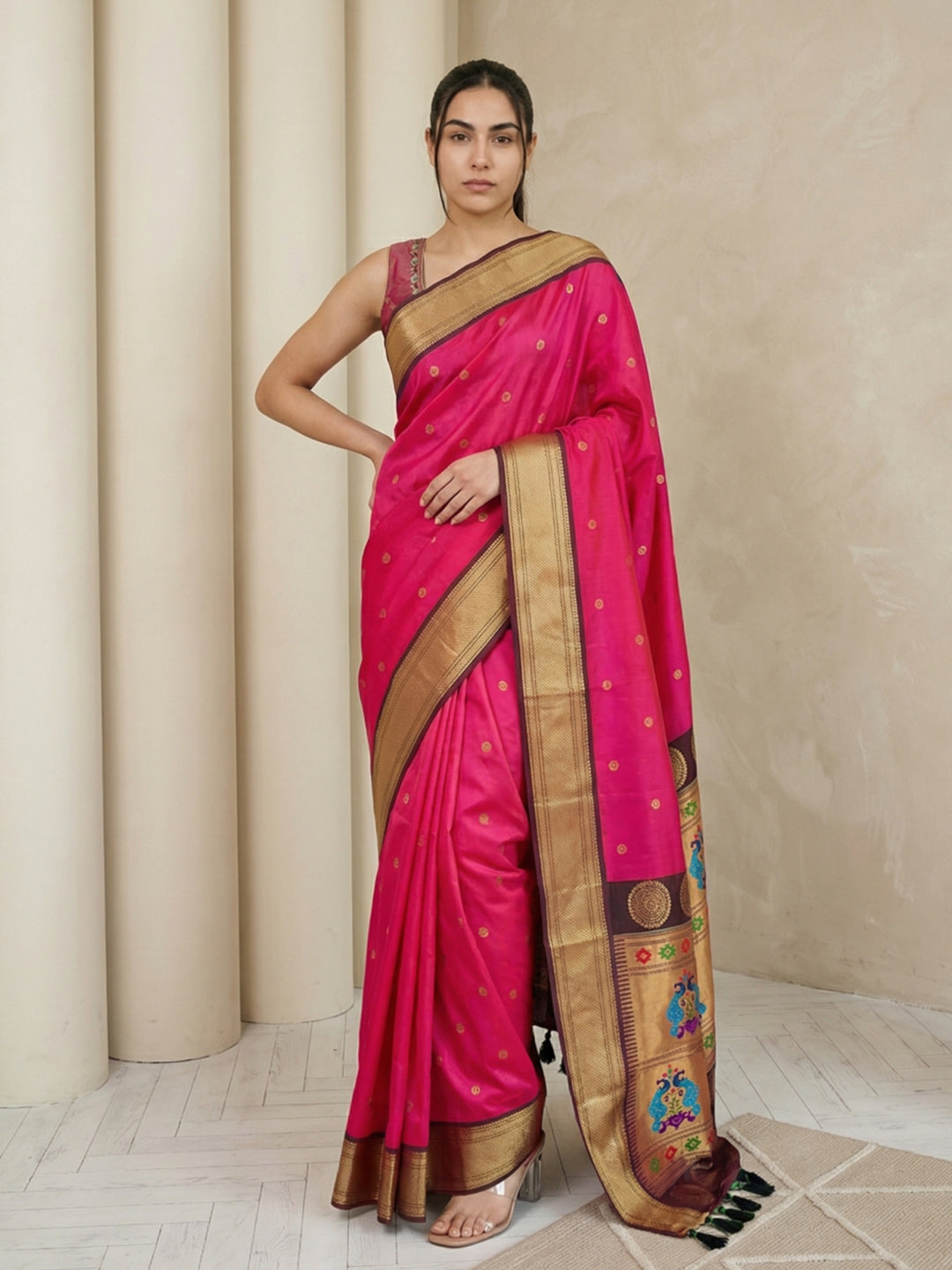 Woman wearing a pink saree with gold border against a beige curtain background