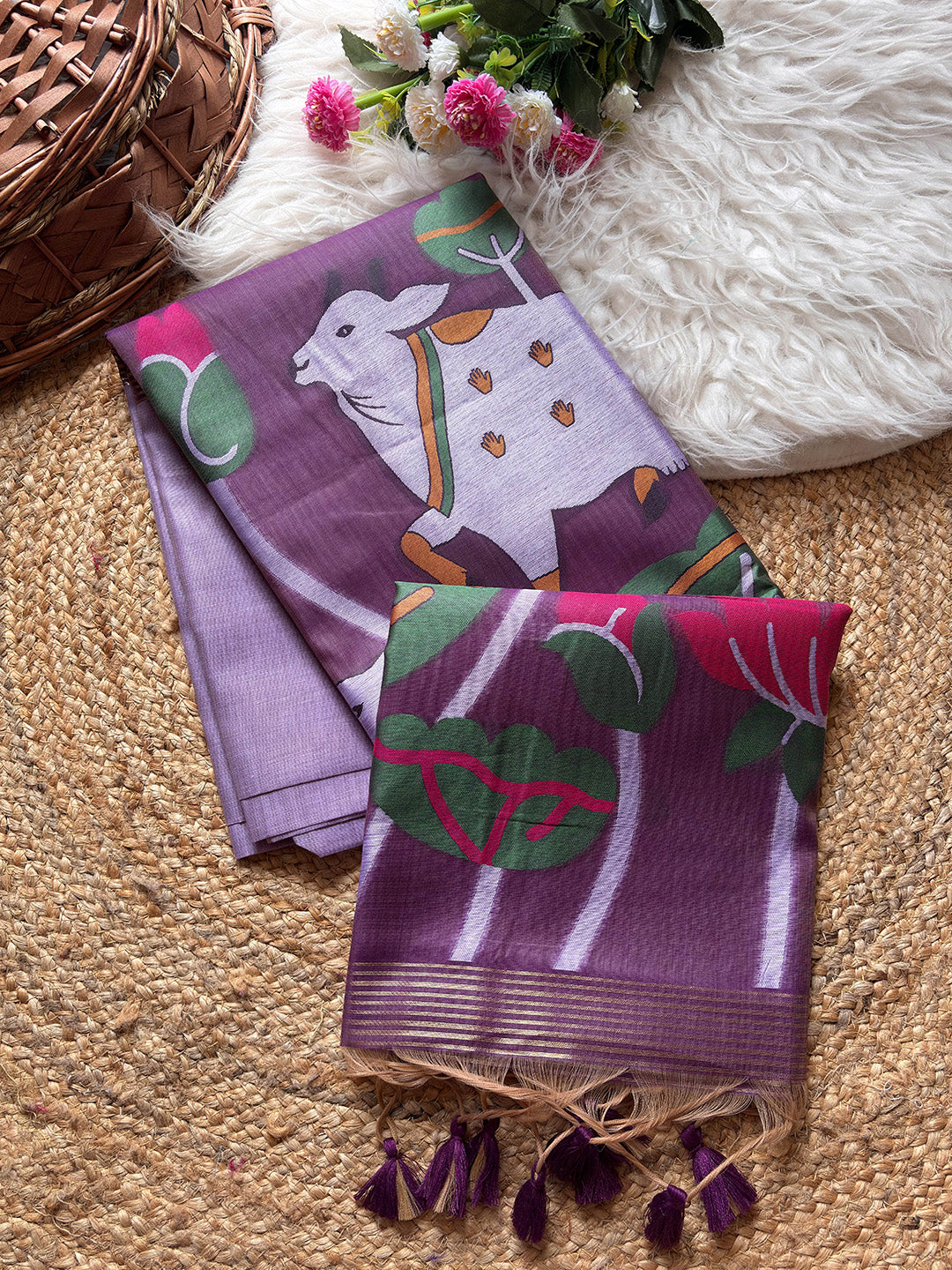 Purple scarf with a white rabbit design on a textured surface with flowers and a basket.