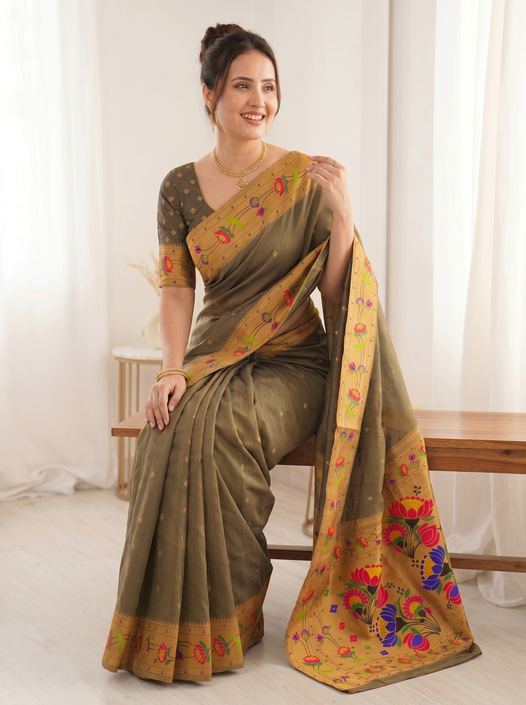 Black Premium Soft Brocade Tissue Paithani Silk Saree