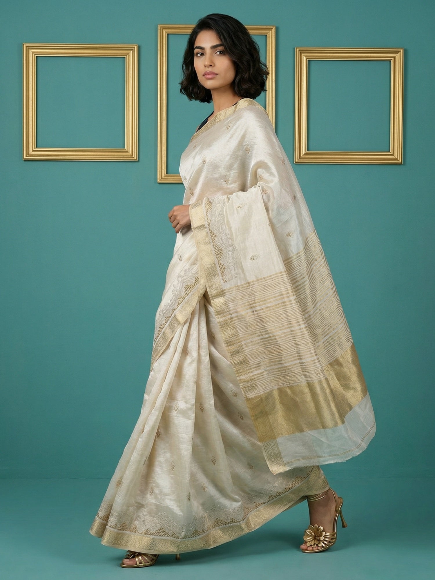 Chickoo Tussar Silk Zari Woven Cutwork Embroidery Saree