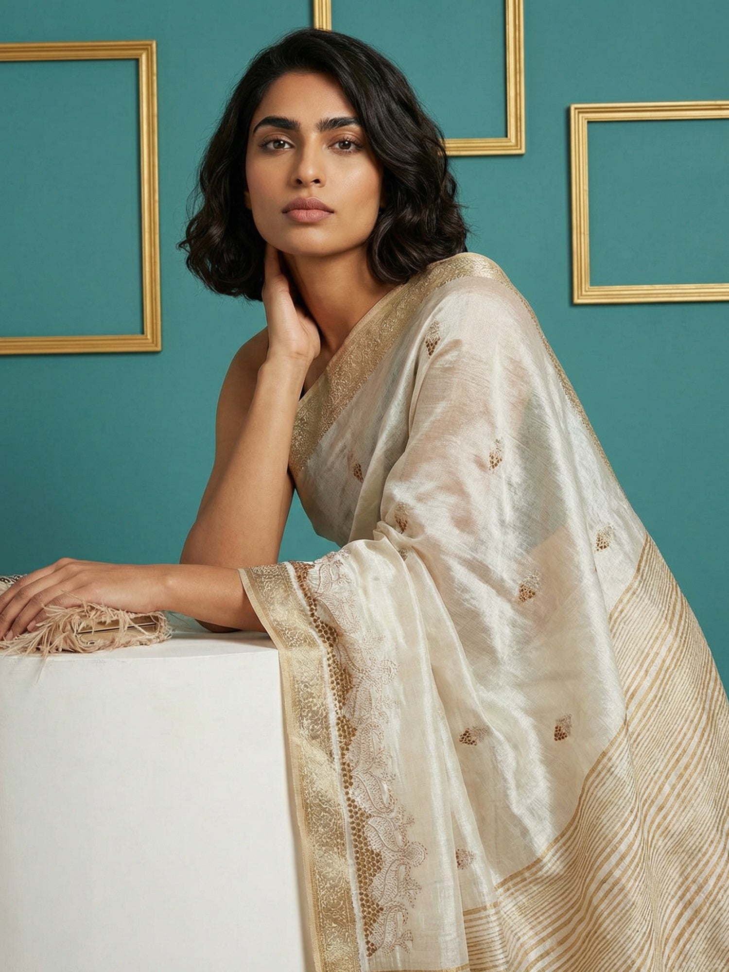 Chickoo Tussar Silk Zari Woven Cutwork Embroidery Saree