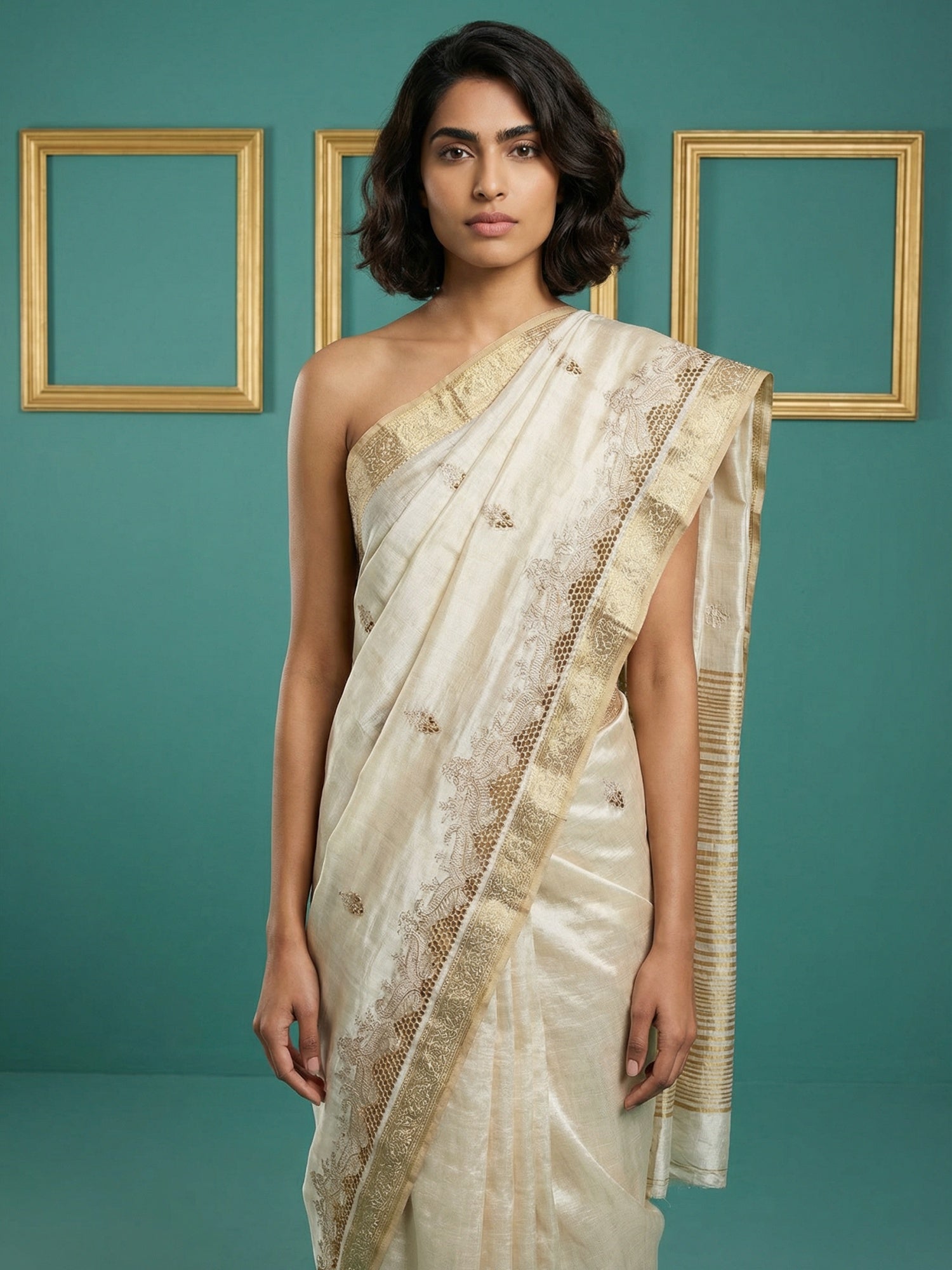 Chickoo Tussar Silk Zari Woven Cutwork Embroidery Saree
