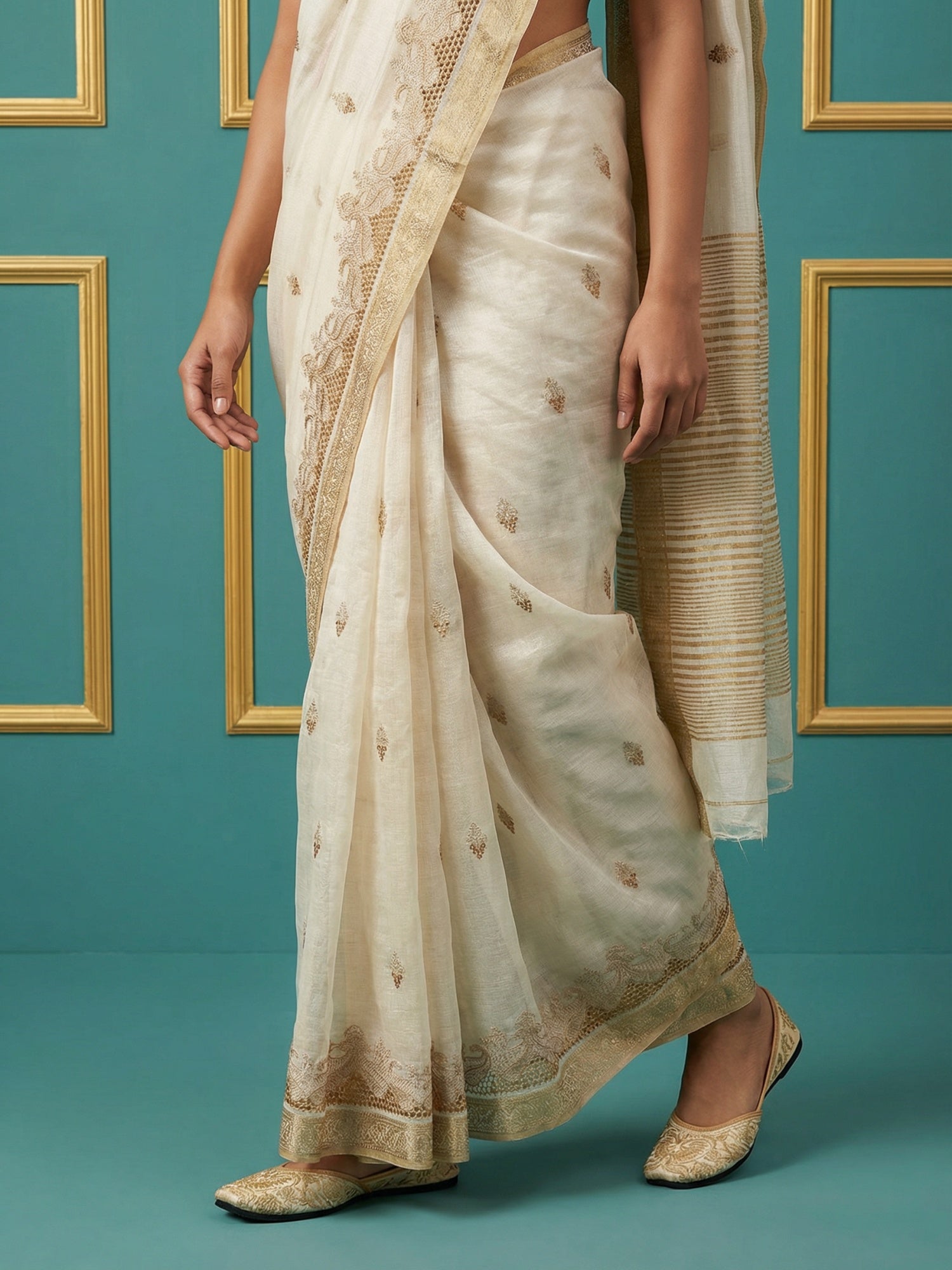Chickoo Tussar Silk Zari Woven Cutwork Embroidery Saree