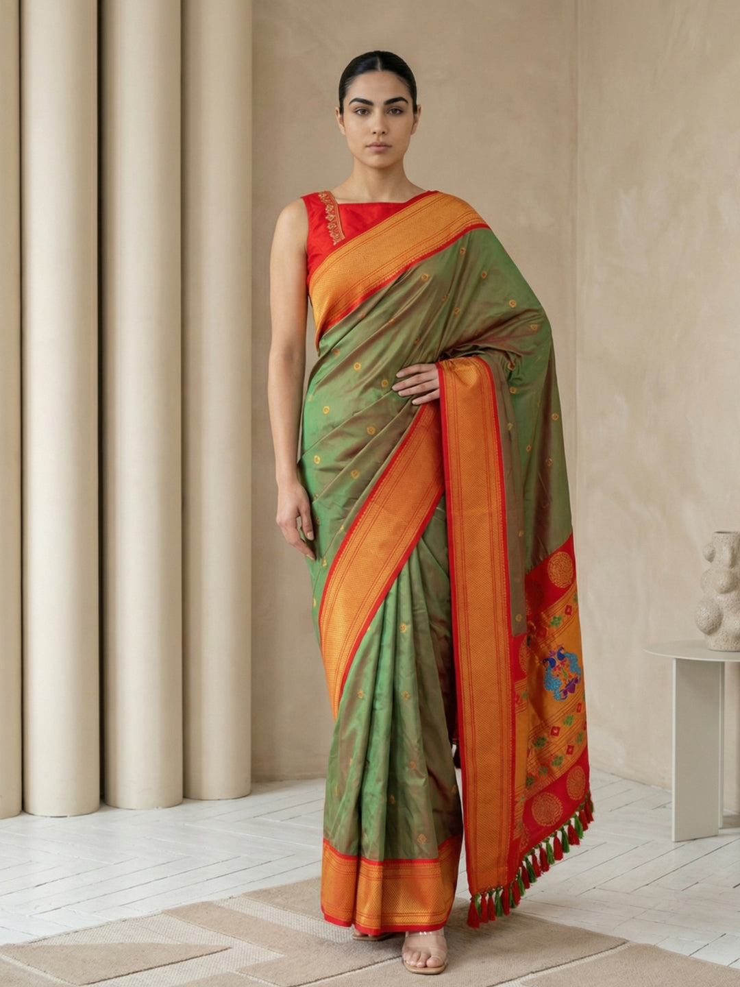 Mehendi Green Soft Paithani Silk Zari Woven Saree with Peacock Pallu