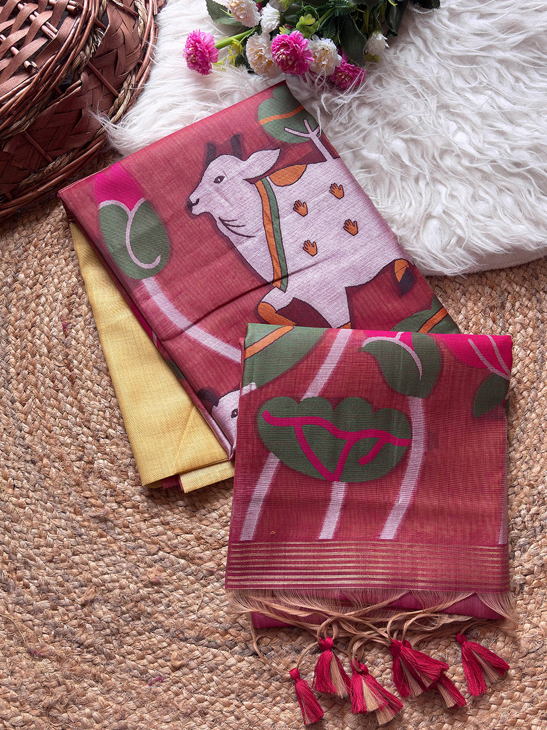 Decorative fabric with cow design on a textured surface