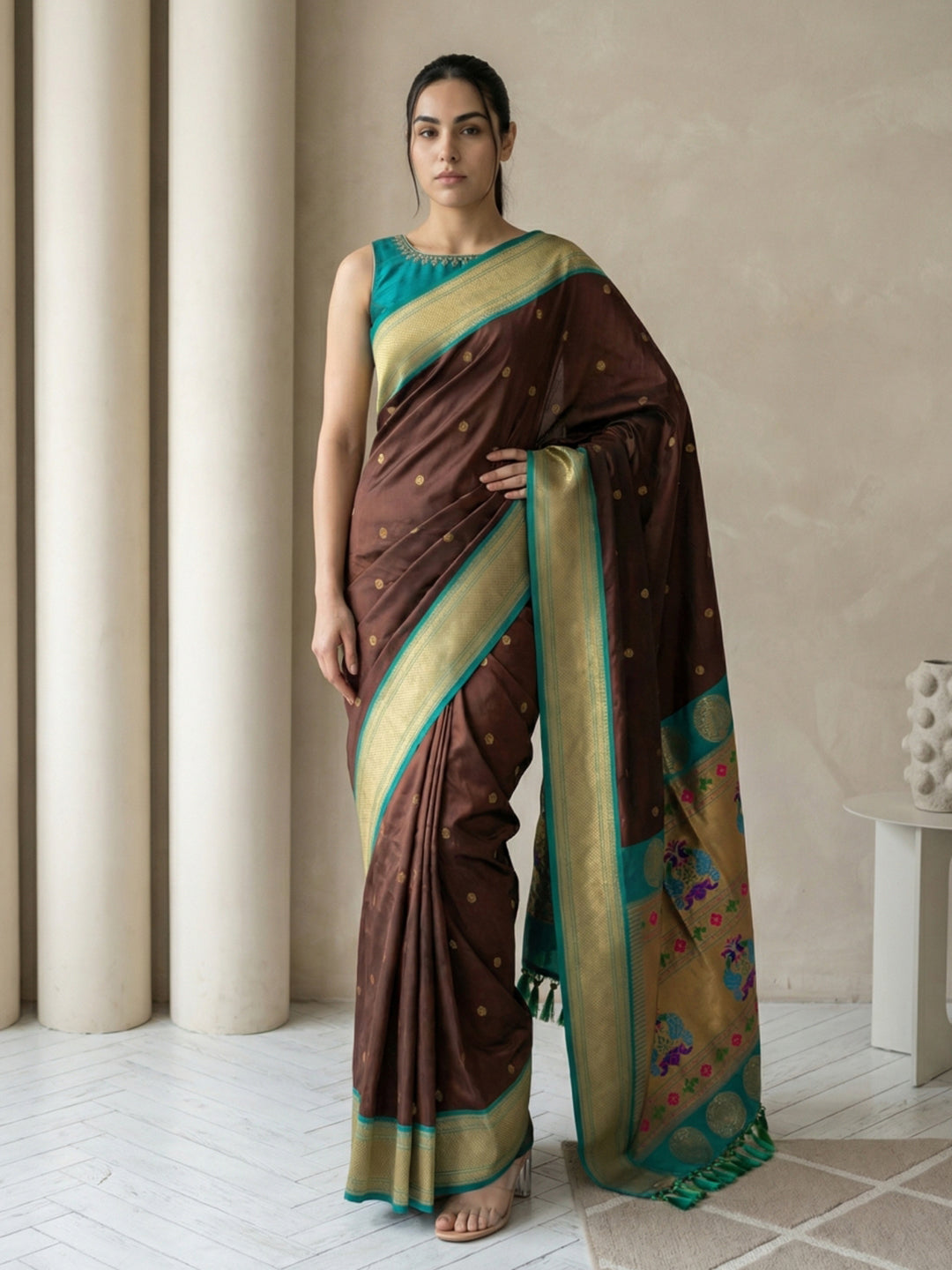Woman wearing a brown and green saree with a neutral background