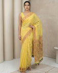 Woman wearing a yellow saree with a beige background