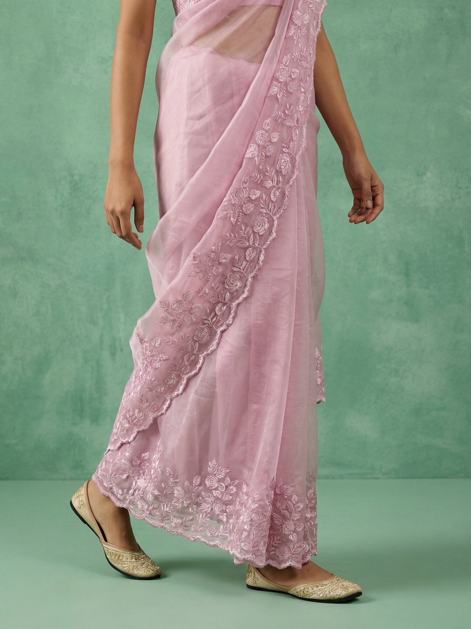 Pink Soft Chanda Silk with Floral Jaal Embroidery Work Designer Saree