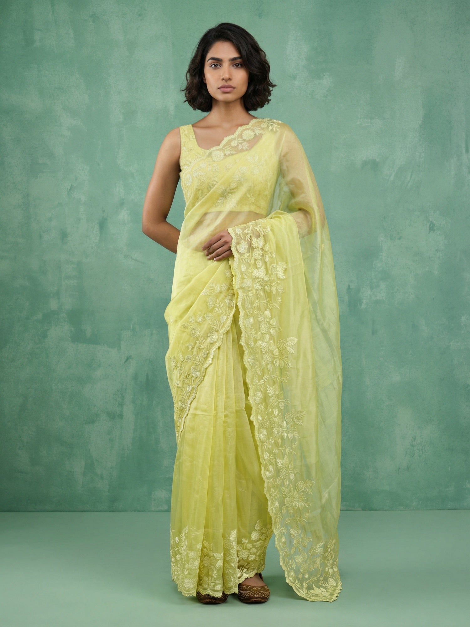 Yellow Soft Chanda Silk with Floral Jaal Embroidery Work Designer Saree