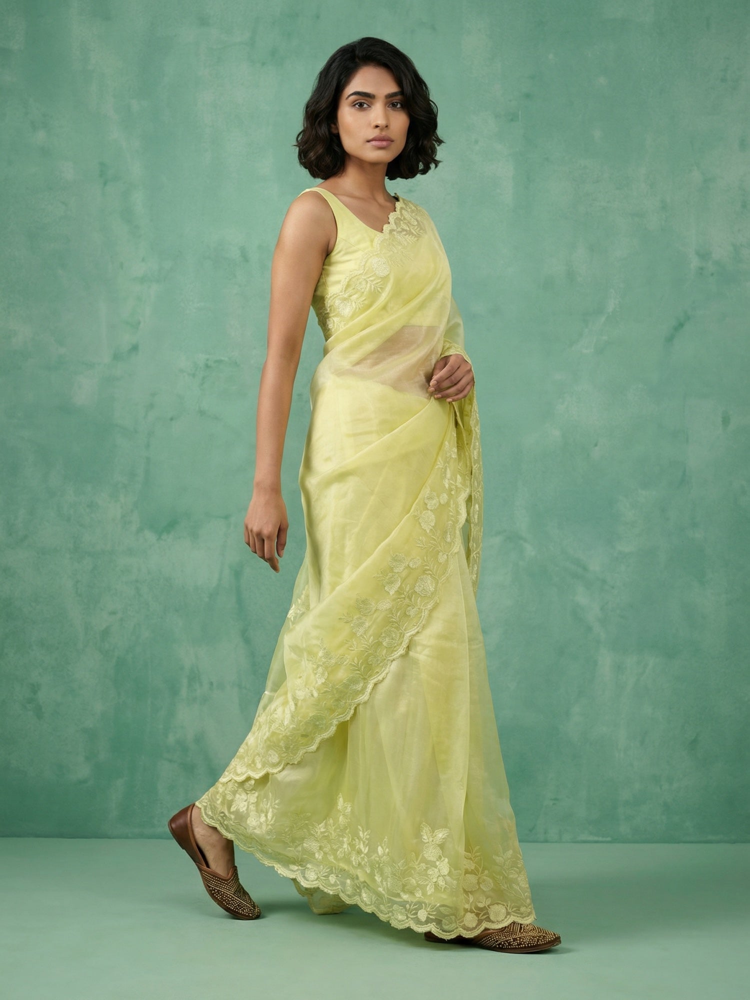 Yellow Soft Chanda Silk with Floral Jaal Embroidery Work Designer Saree