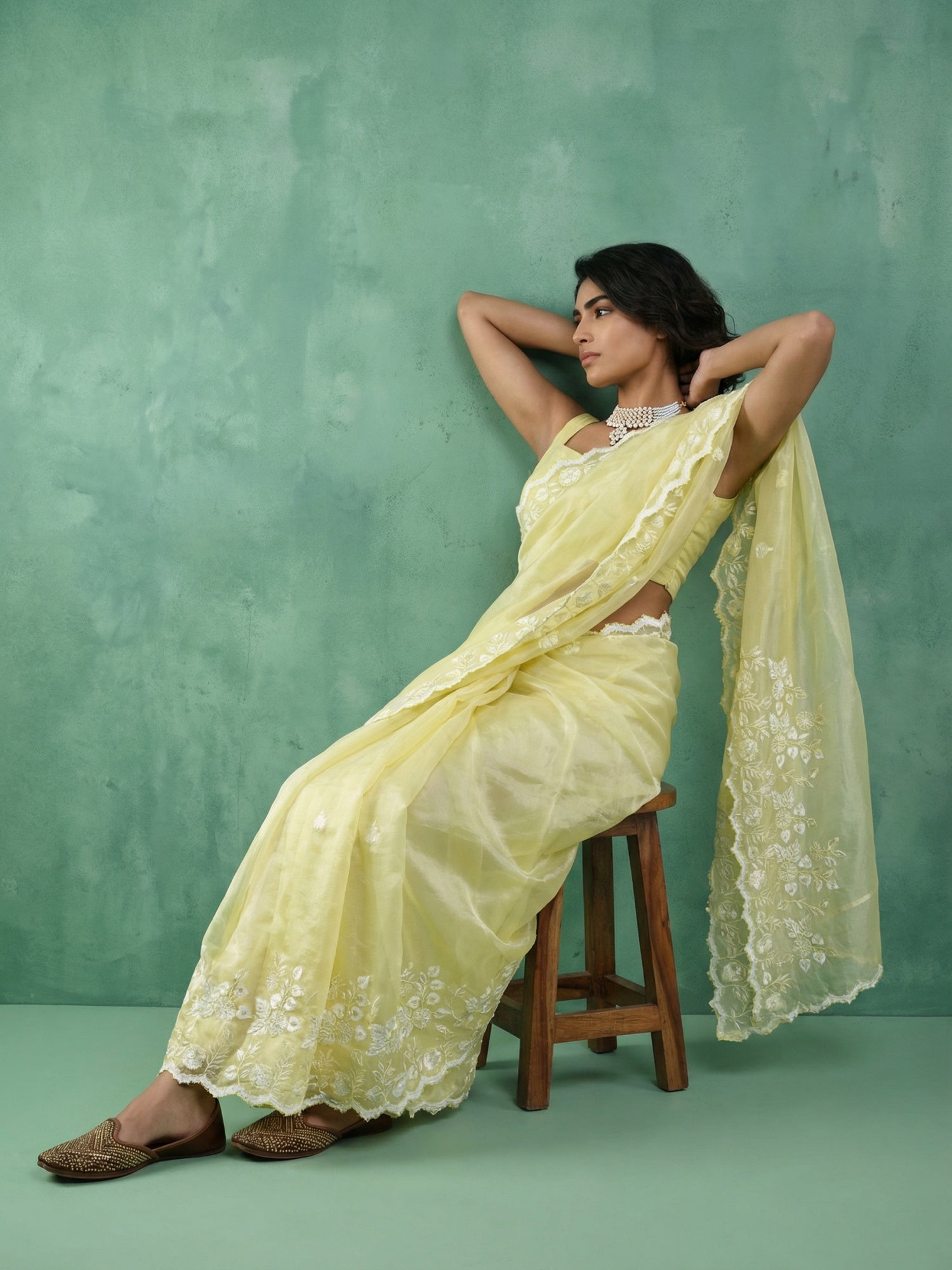 Yellow Soft Chanda Silk with Floral Jaal Embroidery Work Designer Saree