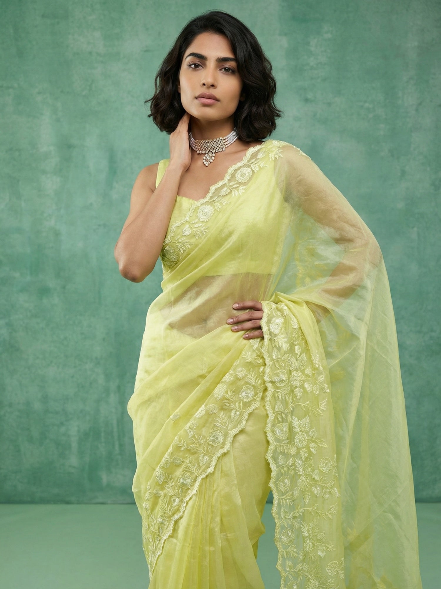 Yellow Soft Chanda Silk with Floral Jaal Embroidery Work Designer Saree