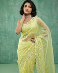 Yellow Soft Chanda Silk with Floral Jaal Embroidery Work Designer Saree