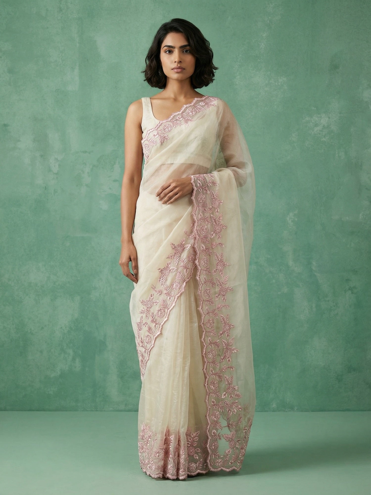 Cream Soft Chanda Silk with Floral Jaal Embroidery Work Designer Saree