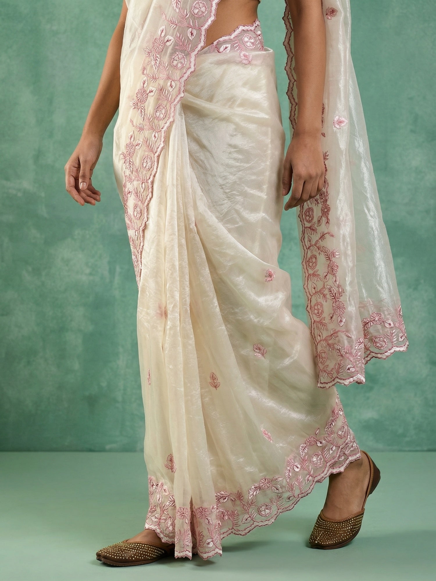 Cream Soft Chanda Silk with Floral Jaal Embroidery Work Designer Saree