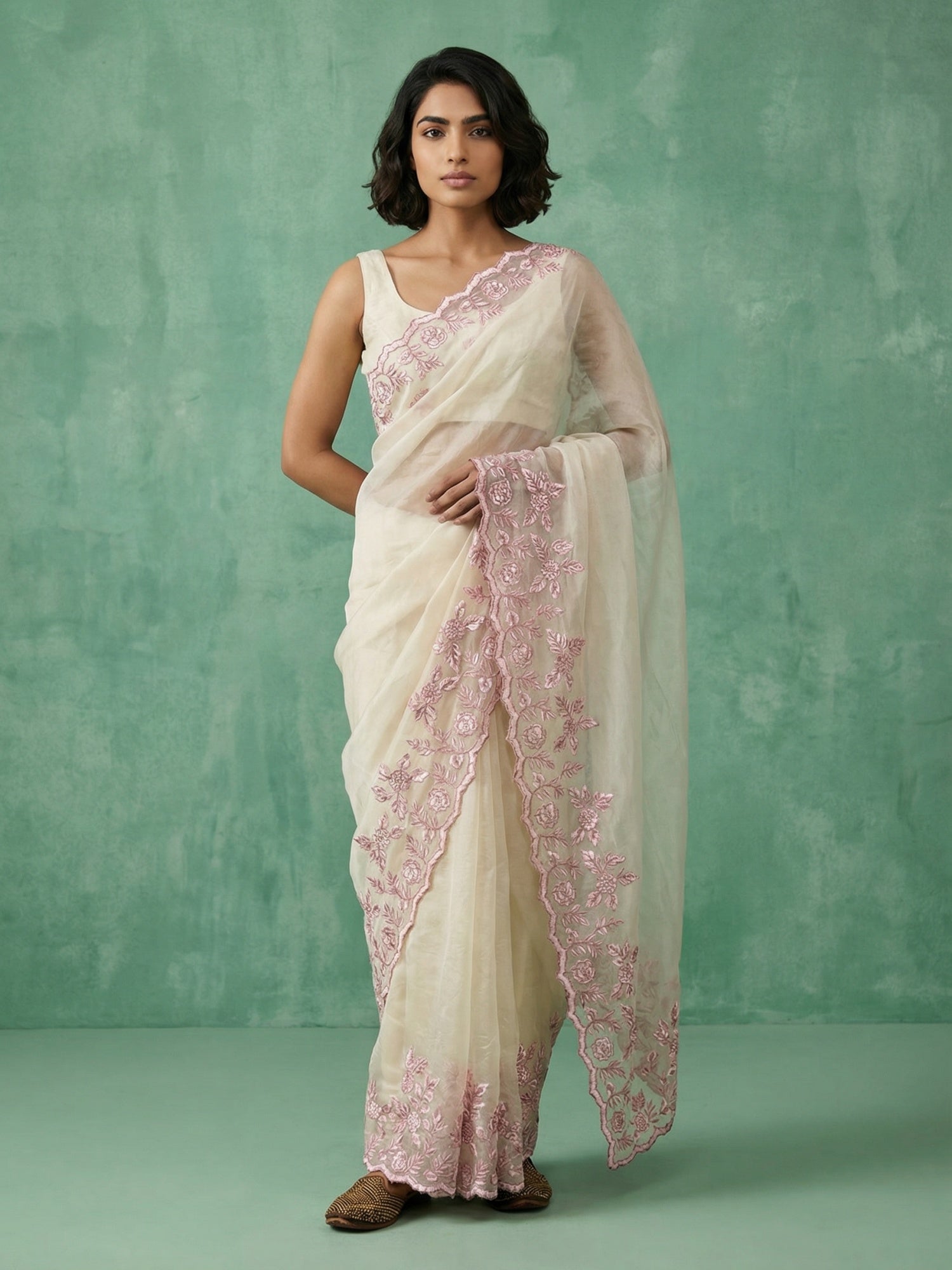 Cream Soft Chanda Silk with Floral Jaal Embroidery Work Designer Saree