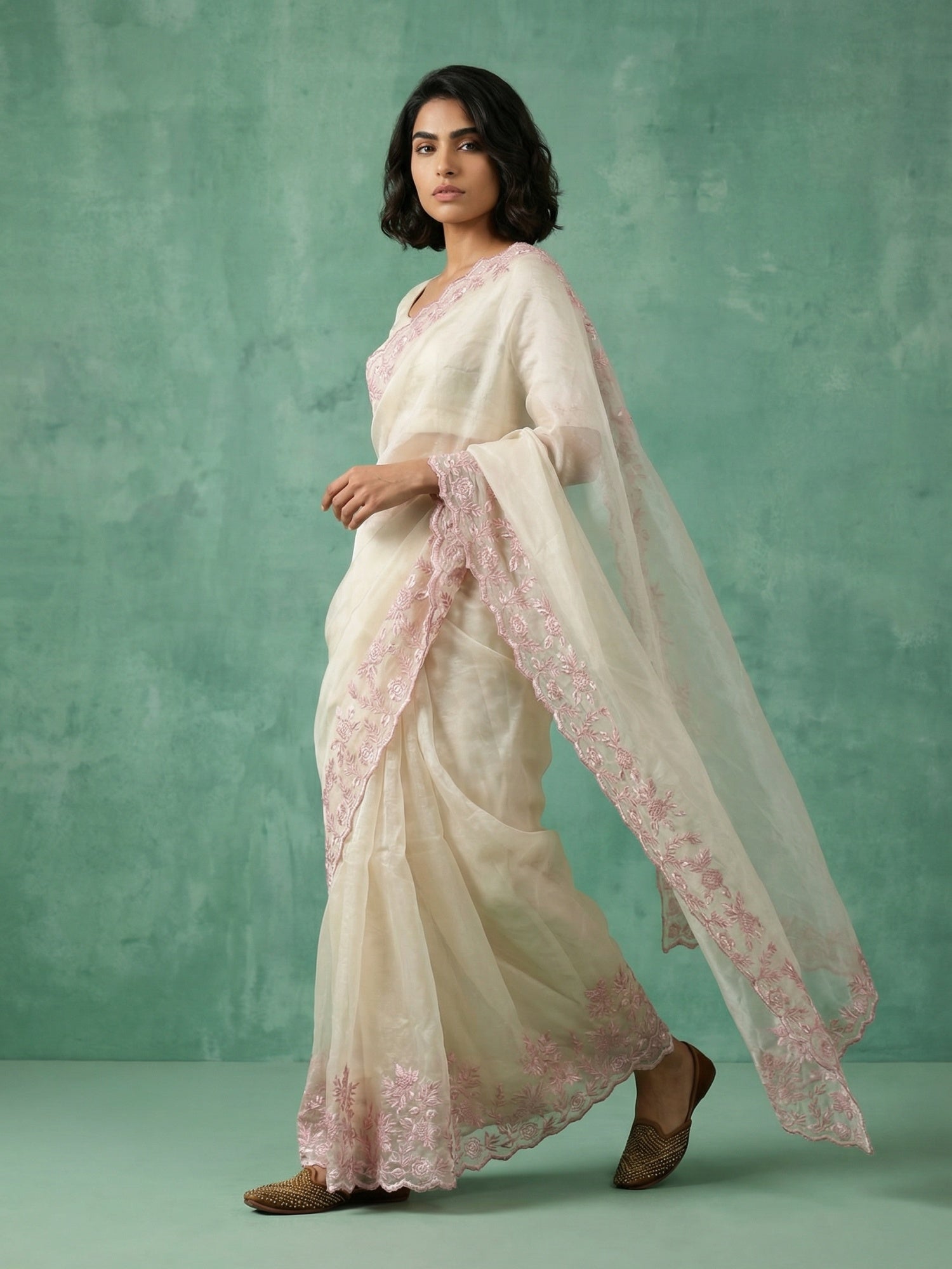 Cream Soft Chanda Silk with Floral Jaal Embroidery Work Designer Saree