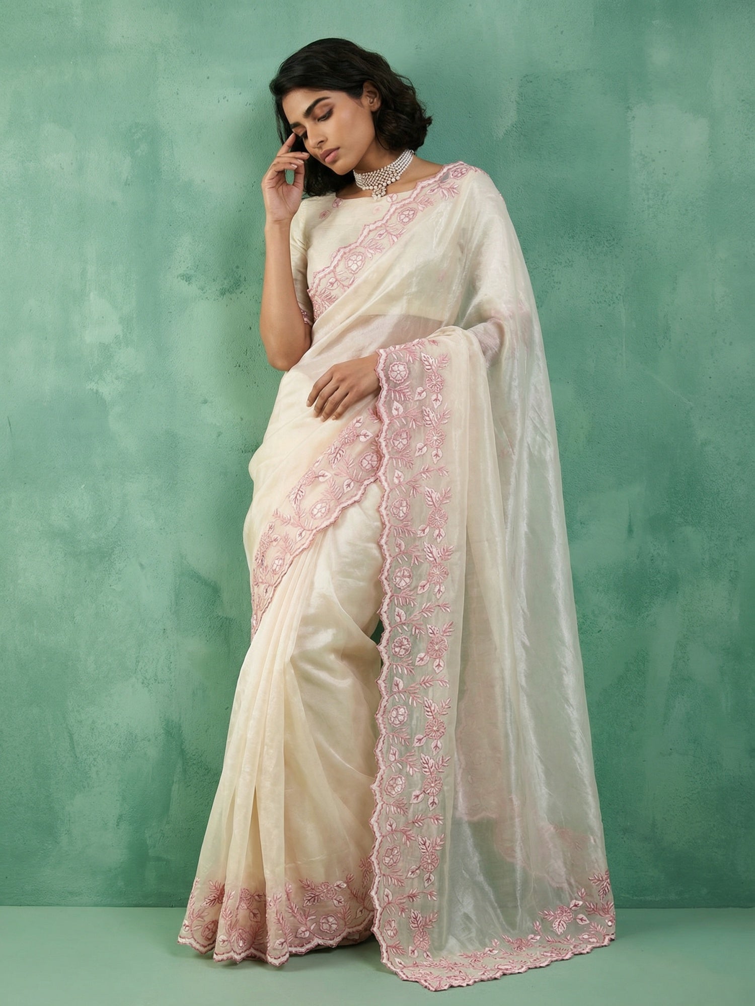 Cream Soft Chanda Silk with Floral Jaal Embroidery Work Designer Saree