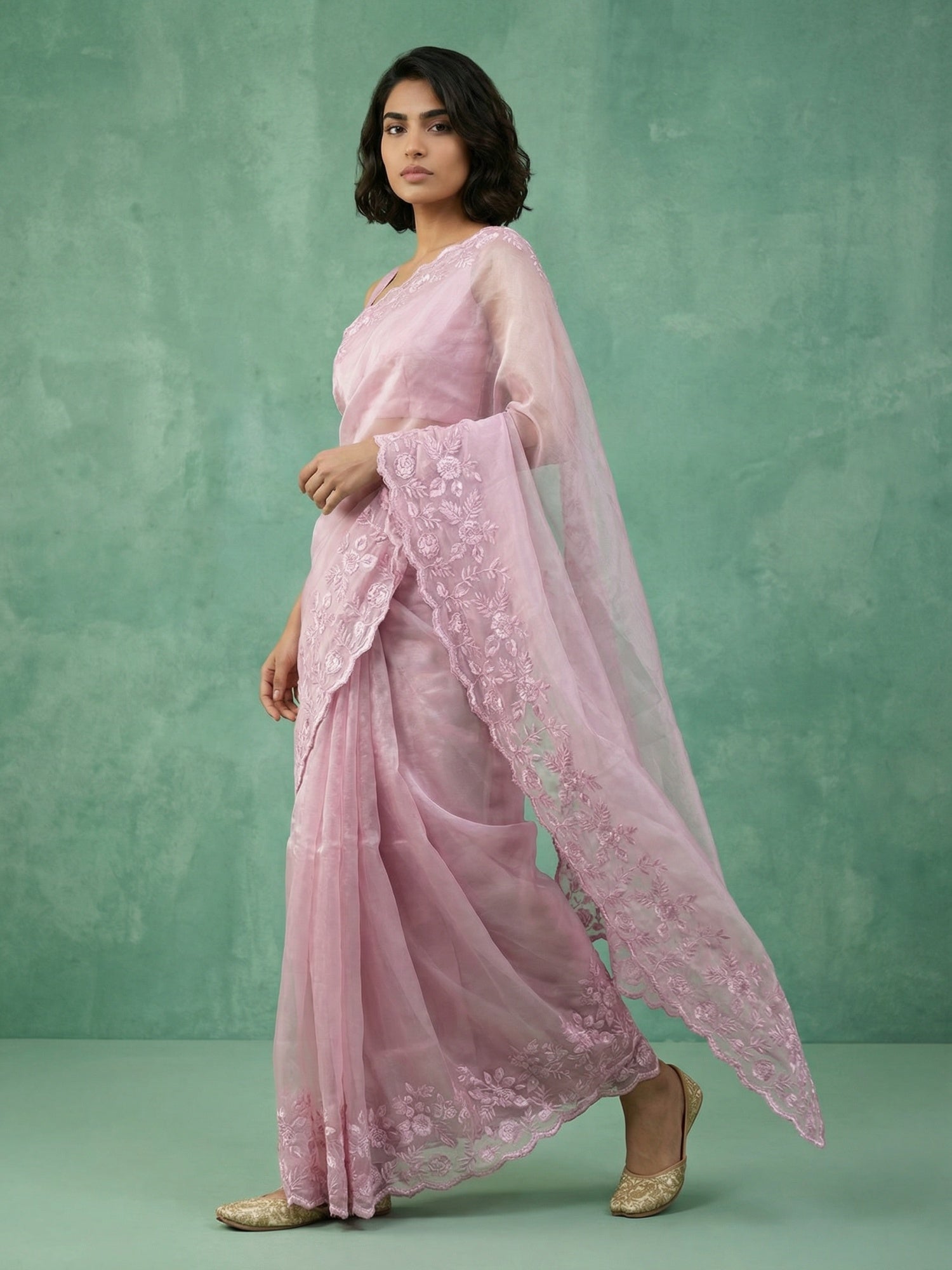 Pink Soft Chanda Silk with Floral Jaal Embroidery Work Designer Saree