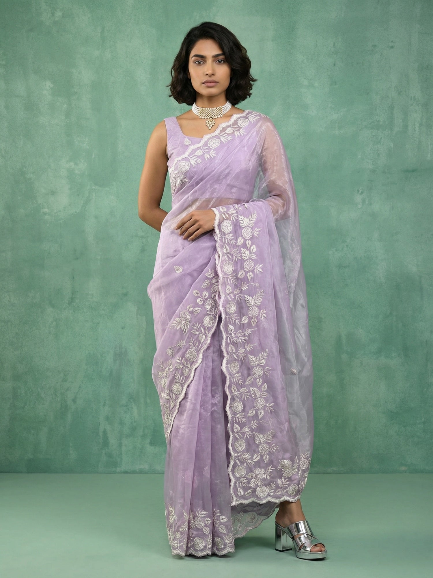 Lavender Soft Chanda Silk with Floral Jaal Embroidery Work Designer Saree