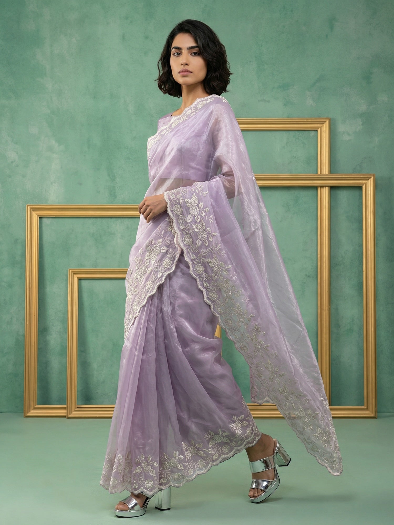 Lavender Soft Chanda Silk with Floral Jaal Embroidery Work Designer Saree
