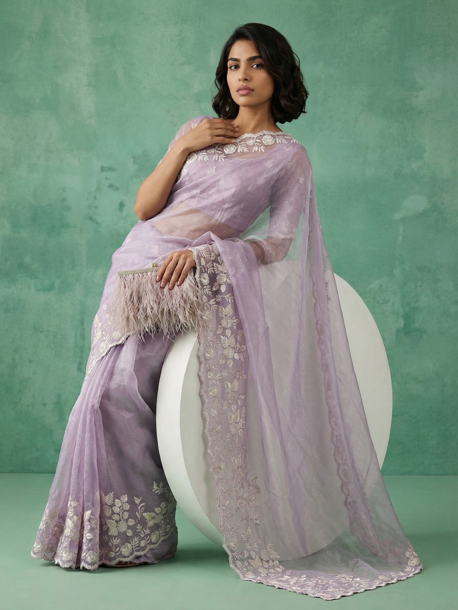 Lavender Soft Chanda Silk with Floral Jaal Embroidery Work Designer Saree