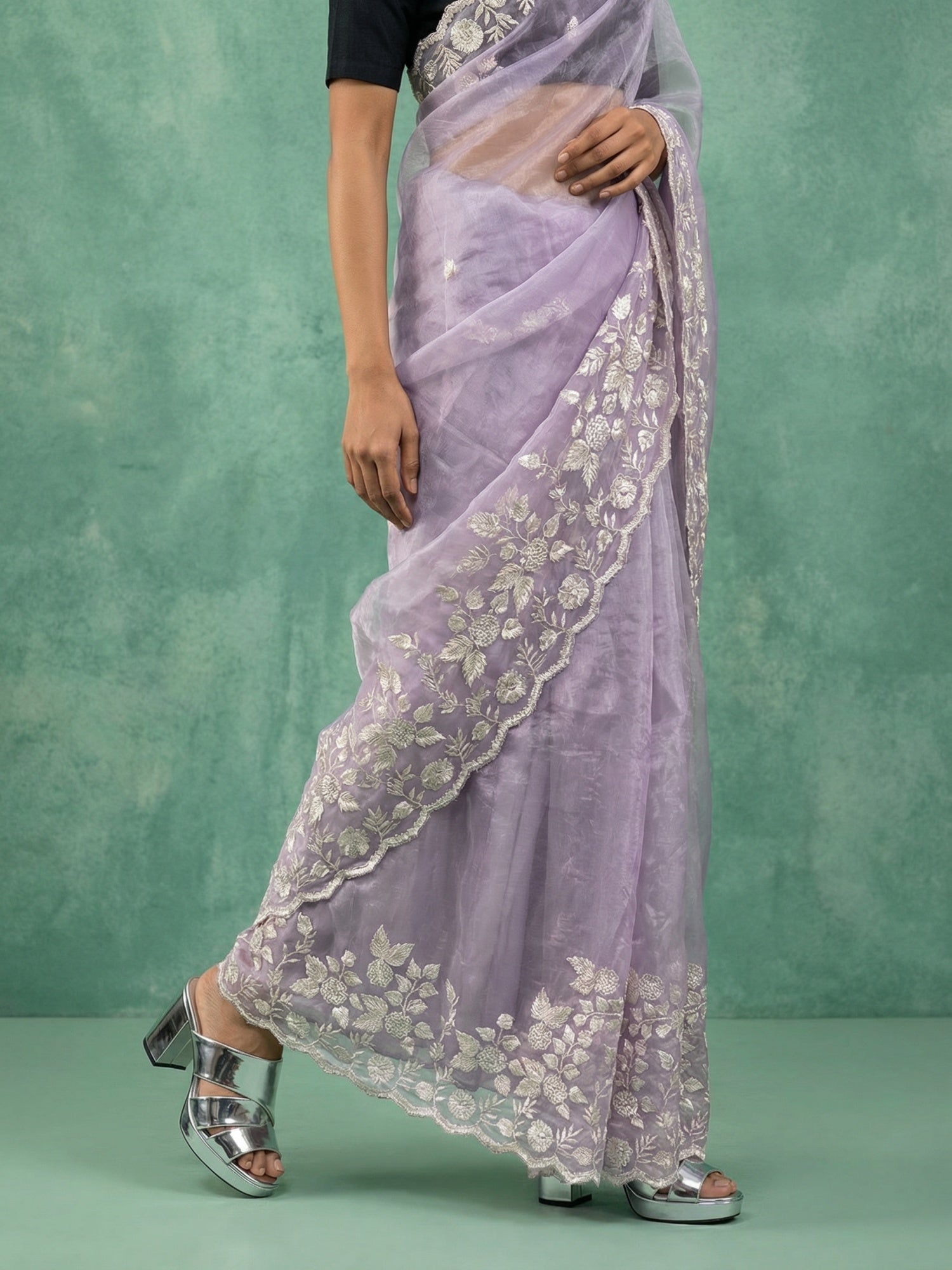 Lavender Soft Chanda Silk with Floral Jaal Embroidery Work Designer Saree