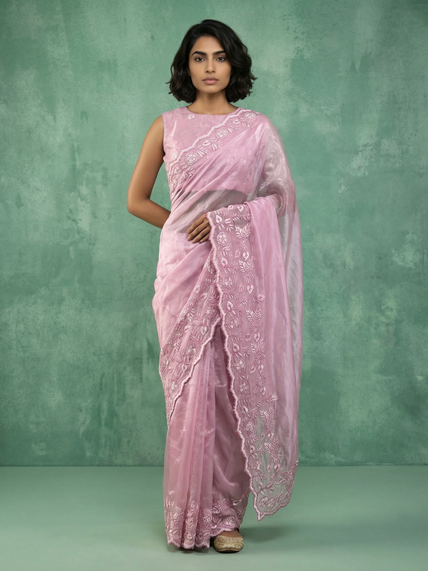 Pink Soft Chanda Silk with Floral Jaal Embroidery Work Designer Saree