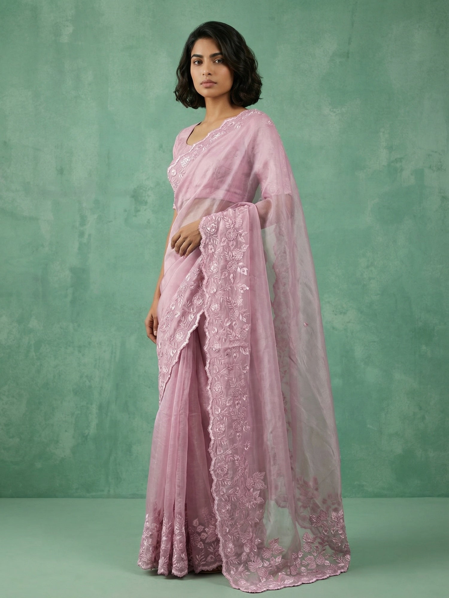 Pink Soft Chanda Silk with Floral Jaal Embroidery Work Designer Saree