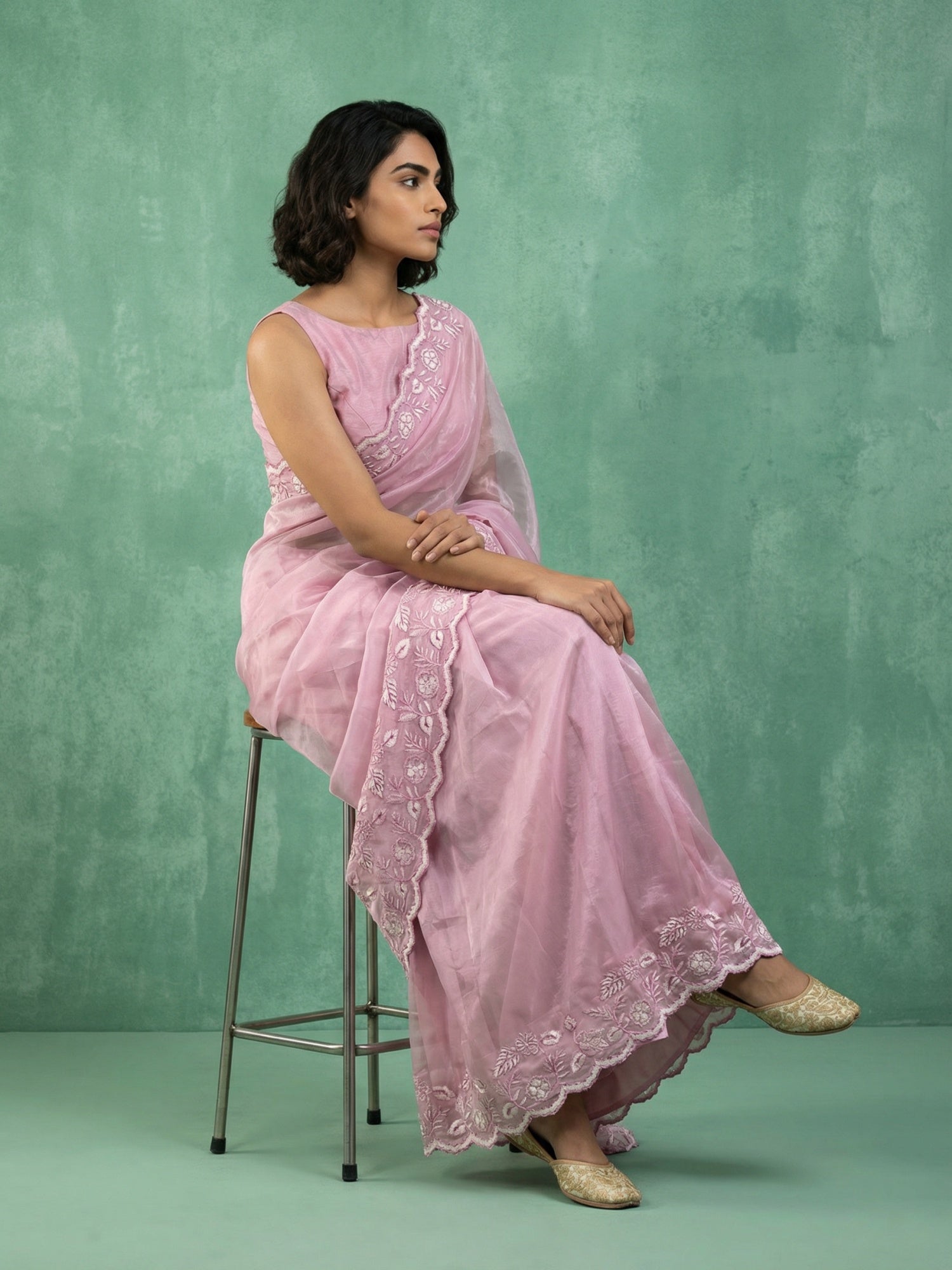 Pink Soft Chanda Silk with Floral Jaal Embroidery Work Designer Saree