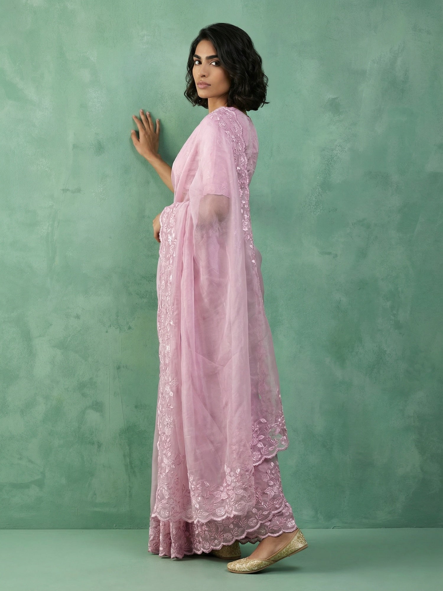 Pink Soft Chanda Silk with Floral Jaal Embroidery Work Designer Saree