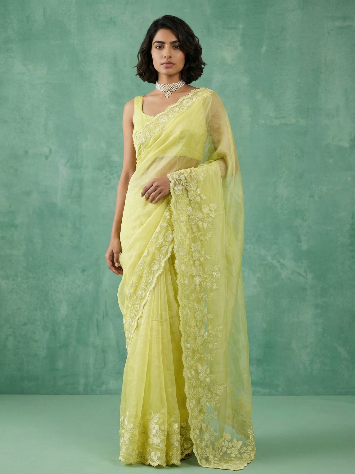 Yellow Soft Chanda Silk with Floral Jaal Embroidery Work Designer Saree