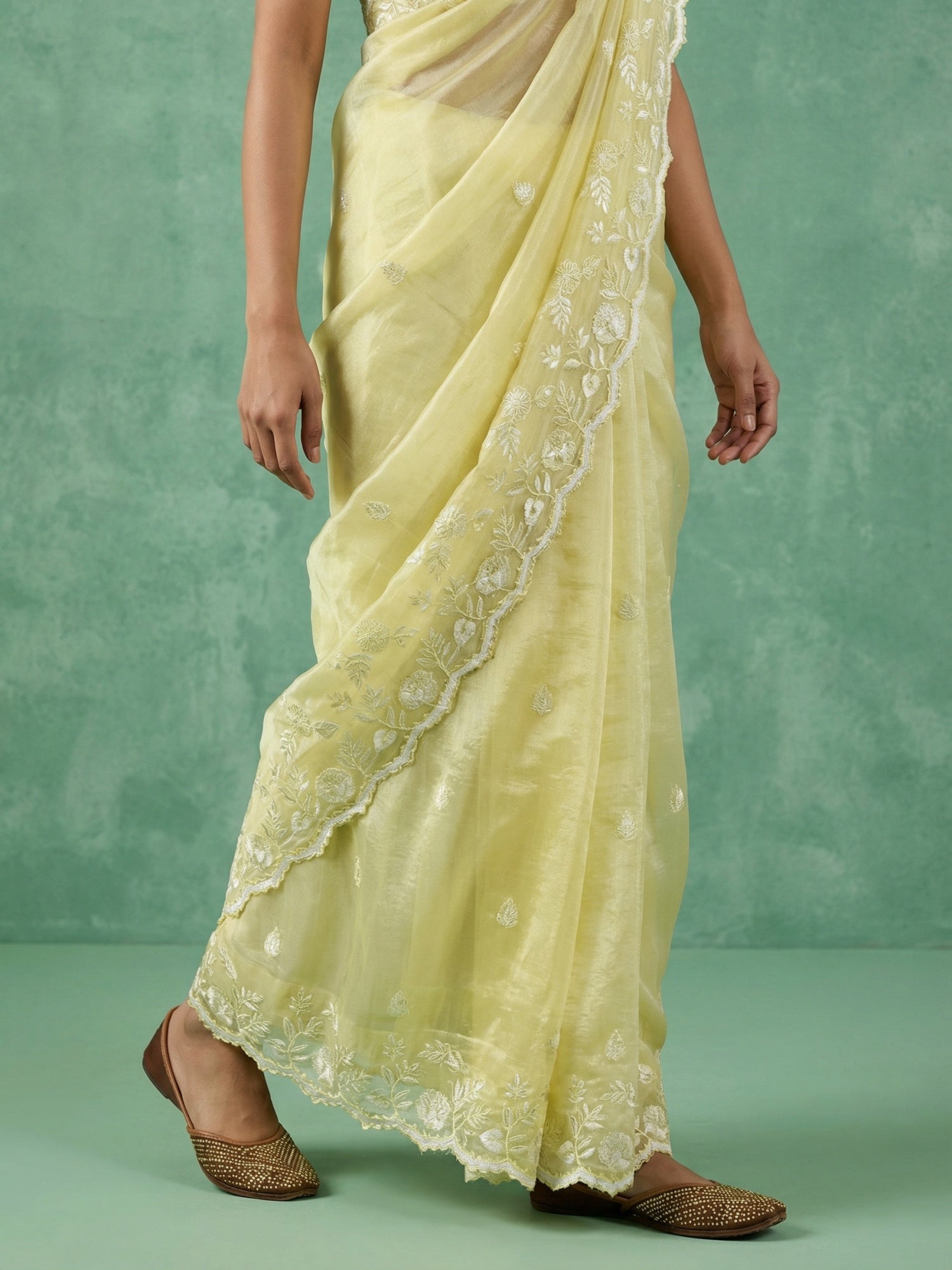 Yellow Soft Chanda Silk with Floral Jaal Embroidery Work Designer Saree