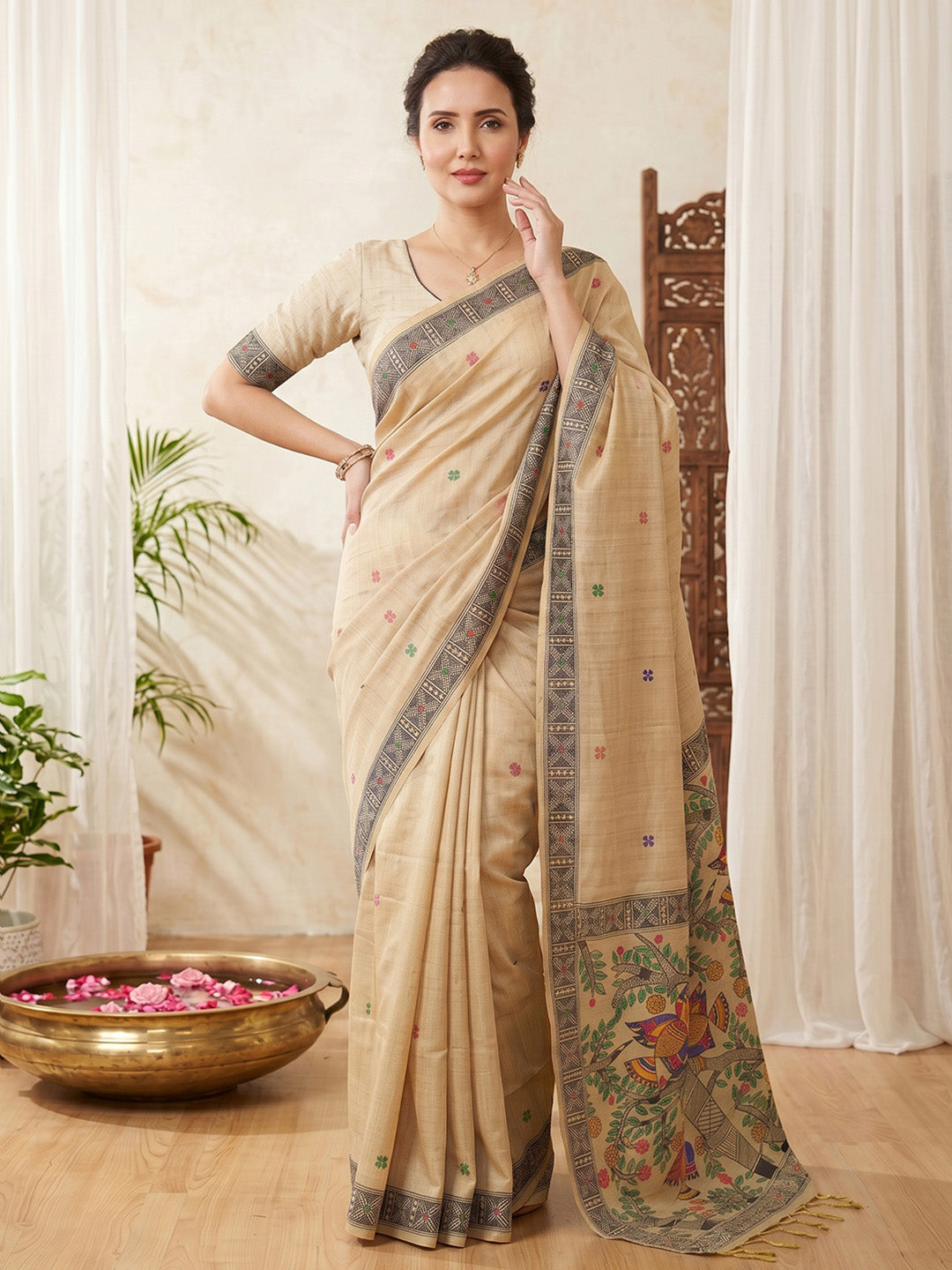 Woman wearing a beige saree with floral patterns indoors
