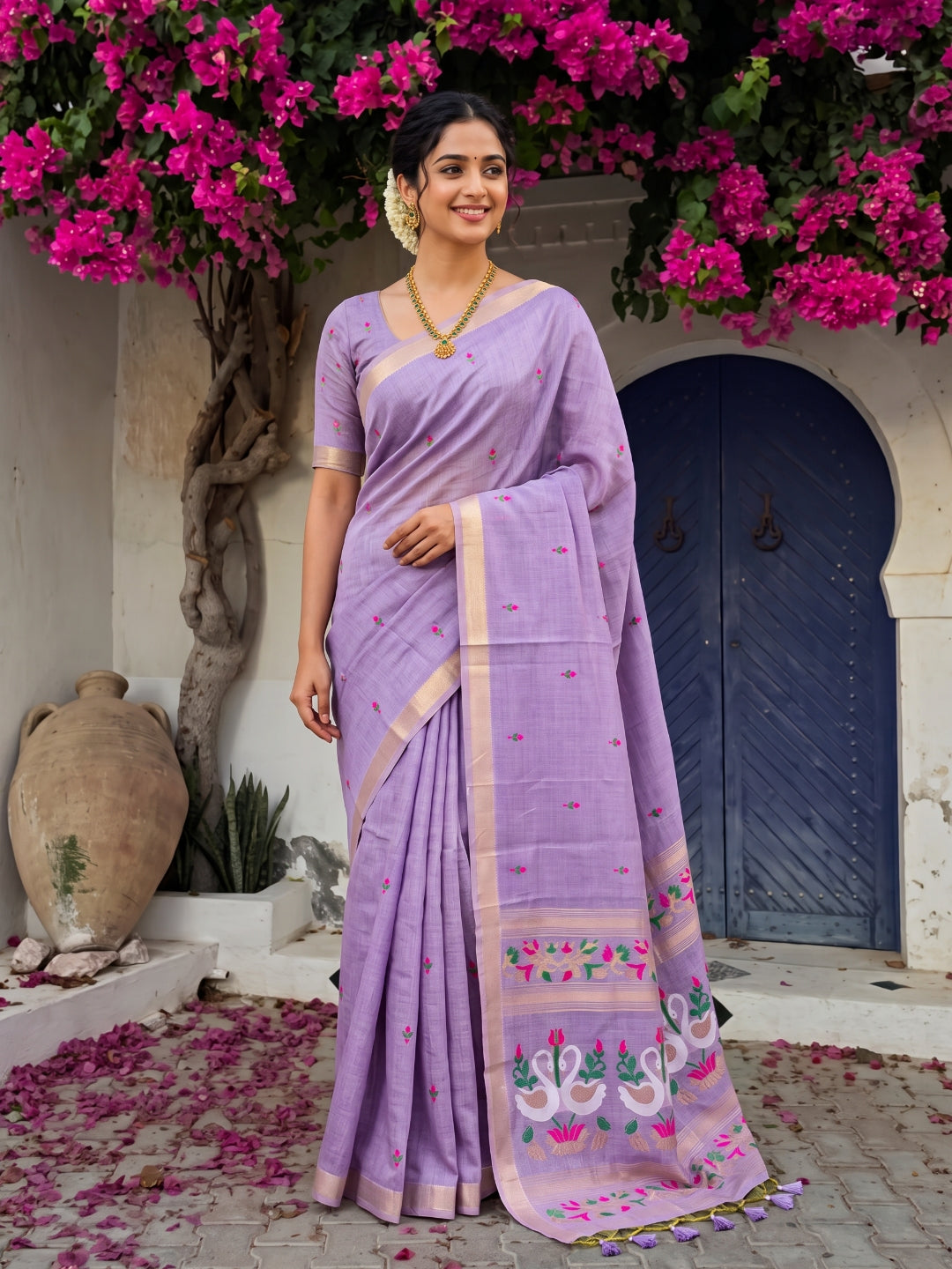 Lavender Premium Soft Muga Cotton Swan Pattern Saree