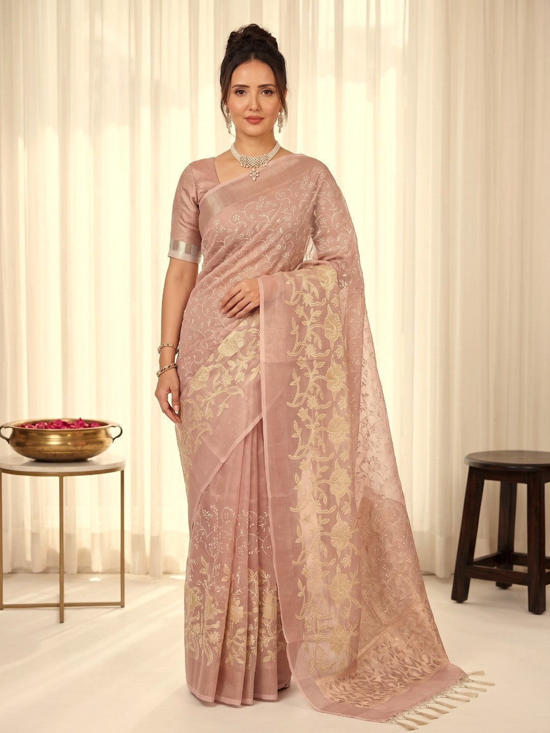 Coral Pink Premium Banarasi Silk Saree with Floral Applique Work Saree