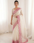 White Crush Organza Silk Saree with Turkish Work Saree