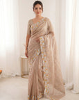 Chickoo Premium Tissue Banarasi Saree with Floral Embroidery Work Saree