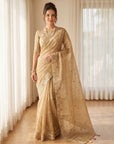 Gold Premium Tissue Banarasi Saree with Floral Embroidery Work Saree