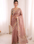 Pink Premium Tissue Banarasi Saree with Floral Embroidery Work Saree