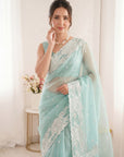 Sky Blue Crush Organza Silk Saree with Turkish Work Saree