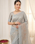 Sky Blue Premium Banarasi Silk Saree with Floral Applique Work Saree