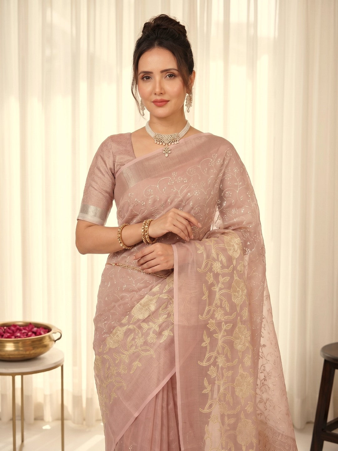 Coral Pink Premium Banarasi Silk Saree with Floral Applique Work Saree