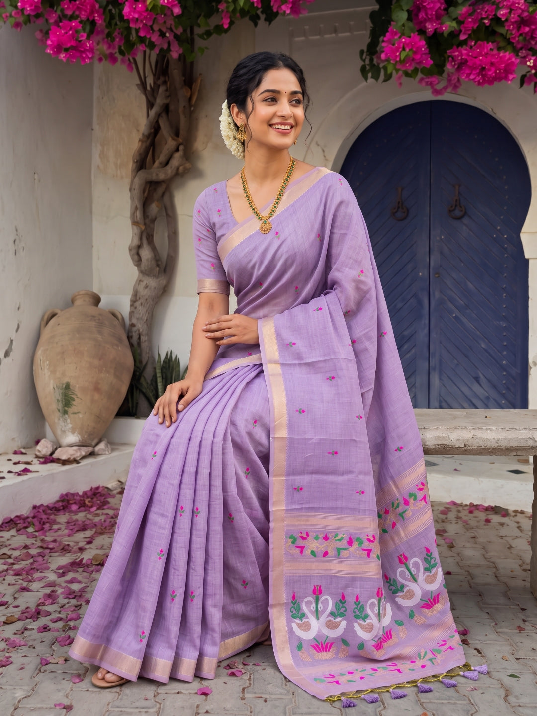 Lavender Premium Soft Muga Cotton Swan Pattern Saree