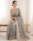 Grey Premium Tissue Banarasi Saree with Floral Embroidery Work Saree