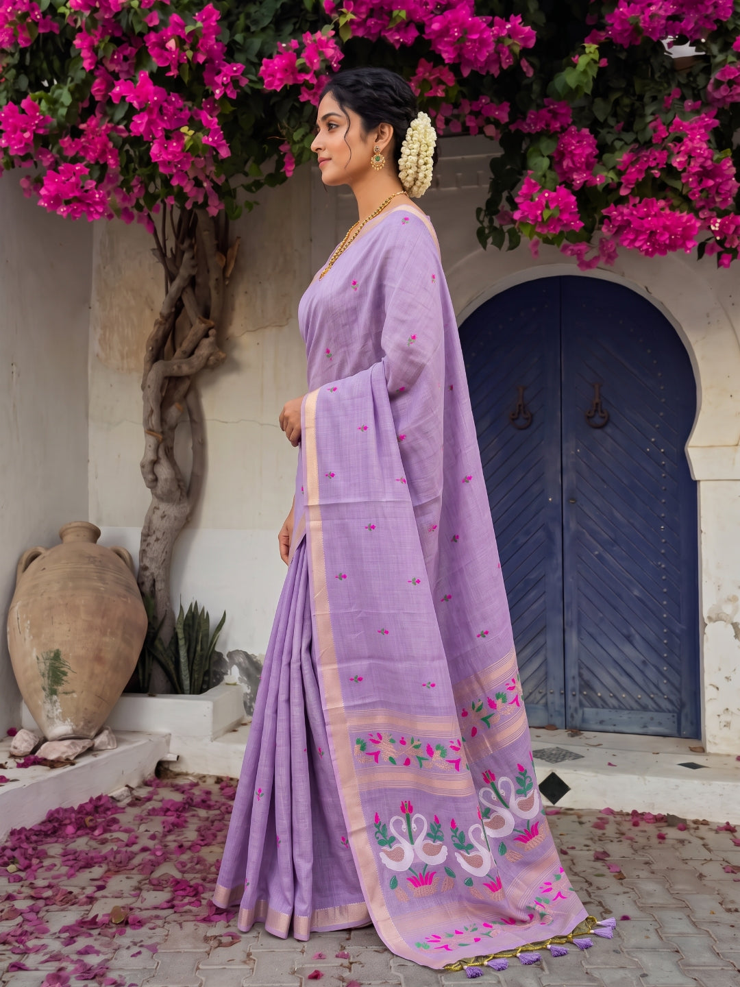 Lavender Premium Soft Muga Cotton Swan Pattern Saree