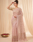 Pink Premium Banarasi Silk Saree with Floral Applique Work Saree