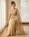 Gold Premium Tissue Banarasi Saree with Floral Embroidery Work Saree