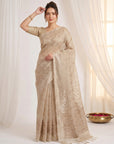 Chickoo Premium Banarasi Silk Saree with Floral Applique Work Saree