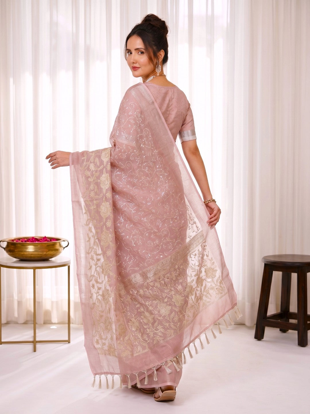 Coral Pink Premium Banarasi Silk Saree with Floral Applique Work Saree